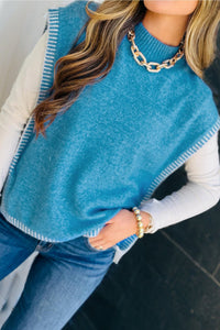 Women's Cerulean Blue Mock Neck Sweater Vest with Contrast Stitching