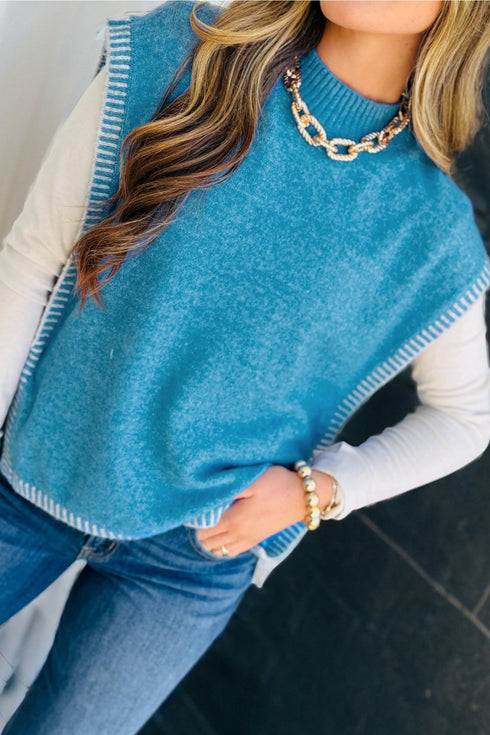 Women's Cerulean Blue Mock Neck Sweater Vest with Contrast Stitching