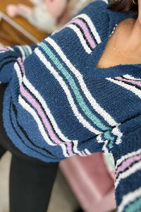Blue Stripe Knit Polo Collar Baggy Sweater