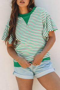 Women's Stylish Women's Bright Green Striped Ruffle Top with Contrast Details – Comfortable Short Sleeve for Everyday Fashion