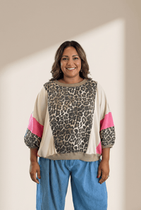 Stylish Women's Brown Leopard Print Color Block Top with 3/4 Sleeves - Trendy Loose Fit Casual Shirt for Everyday Wear made for easy styling and