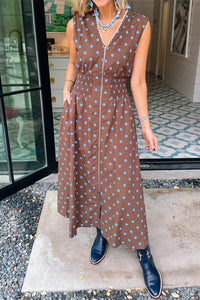 Women's Stylish Women's Brown Polka Dot Sleeveless Dress with V-Neck and Contrast Trim - Ideal for Summer Outings and Events
