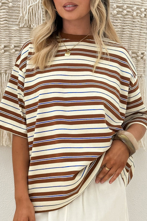 Women's Stylish Women's Casual Oversized Brown Stripe Tee – Comfortable Everyday Top for Effortless Chic Looks