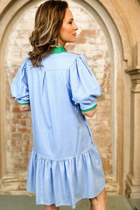 Myosotis Color Block Detail Split Neck Short Puff Sleeve Ruffle Hem Mini Dress