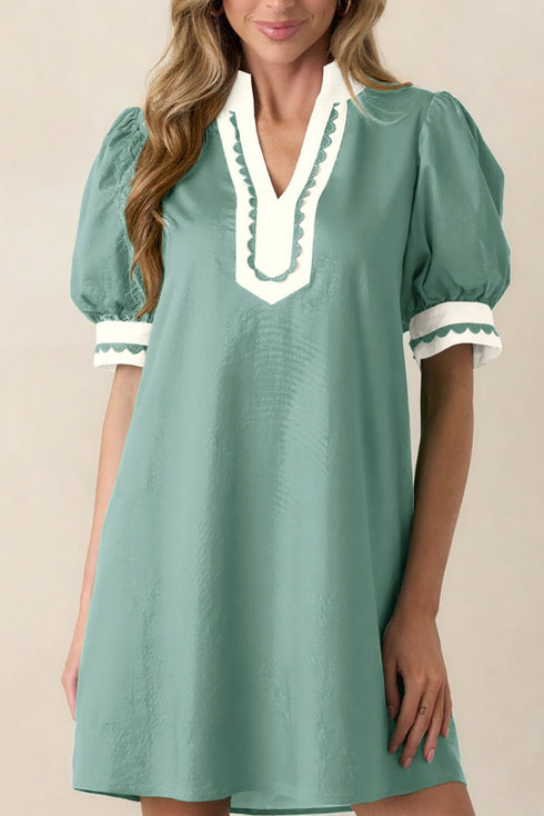 Stylish Women's Color Block Puff Sleeve Mini Dress with Scallop Trim – Perfect Summer Casual Outfit for Any Occasion
