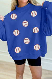 Women's Stylish Women's Dark Blue Sequin Baseball Patch Mock Neck Sweatshirt for Comfortable Game Day Fashion