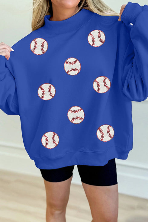 Women's Stylish Women's Dark Blue Sequin Baseball Patch Mock Neck Sweatshirt for Comfortable Game Day Fashion