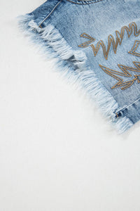 Dusk Blue Western Embroidery Stud Denim Shorts Summer Daily Wear