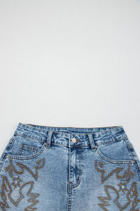 Dusk Blue Western Embroidery Stud Denim Shorts Summer Daily Wear