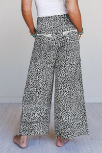 Gray Animal Print Wide Leg Terry Knit Pants