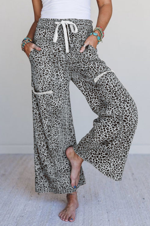 Women's Gray Leopard Print French Terry Wide Leg Lounge Pants
