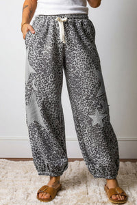 Stylish Women's Gray Leopard Print Jogger Pants with Star Patches, Comfortable Drawstring Waist, Perfect for Casual Wear
