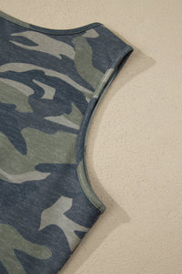 Green Camouflage Print Slim Tank Drawstring Pant Set