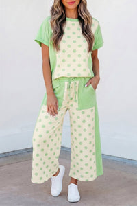 Stylish Women's Green Color Block Polka Dot Wide Leg Pant Set - Comfortable Casual Outfit for Any Occasion