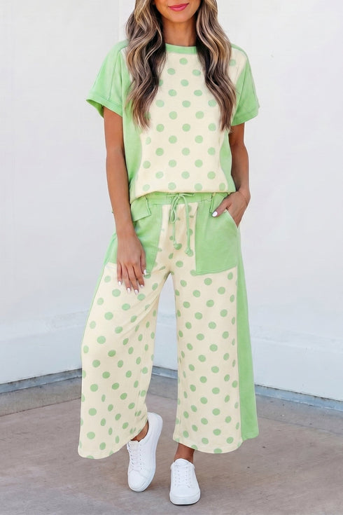 Stylish Women's Green Color Block Polka Dot Wide Leg Pant Set - Comfortable Casual Outfit for Any Occasion