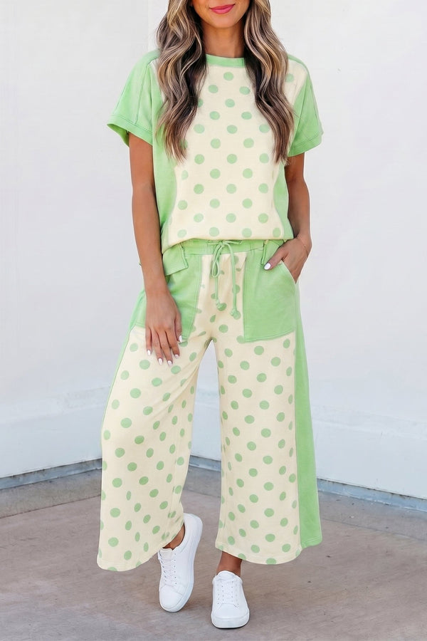 Stylish Women's Green Color Block Polka Dot Wide Leg Pant Set - Comfortable Casual Outfit for Any Occasion