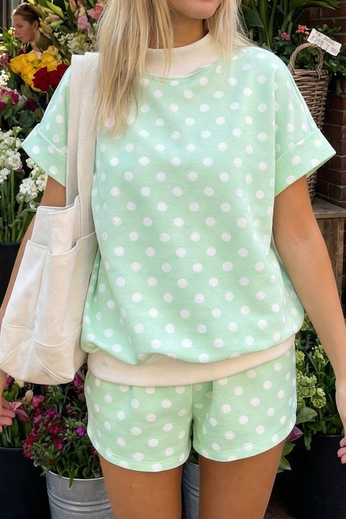 Women's Stylish Women's Green Polka Dot Mock Neck Short Set with Color Block Trim - Perfect Casual Summer Outfit