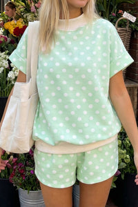 Women's Stylish Women's Green Polka Dot Mock Neck Short Set with Color Block Trim - Perfect Casual Summer Outfit
