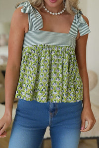 Stylish Women's Green Printed Babydoll Tank Top with Knot Straps – Comfortable Summer Essential for Effortless Fashion