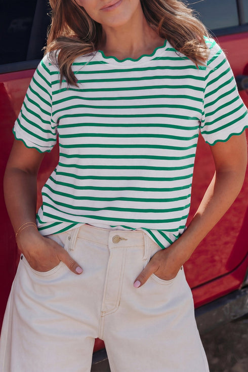 Women's Stylish Women's Green Striped Round Neck T-Shirt with Scalloped Trim – Casual Fit for Effortless Everyday Wear