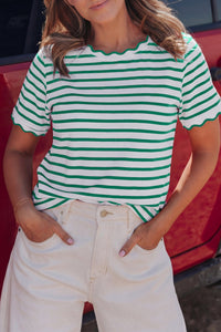 Women's Stylish Women's Green Striped Round Neck T-Shirt with Scalloped Trim – Casual Fit for Effortless Everyday Wear
