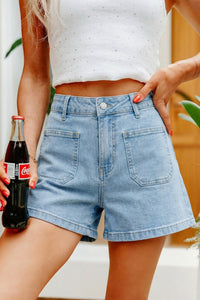 Women's High-Rise Denim Patch Pocket Shorts in Classic Light Wash