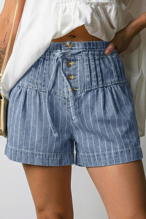 Stylish Women's High-Waist Denim Shorts in Sky Blue with Drawstring and Pleats for Effortless Summer Chic