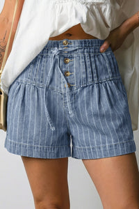 Stylish Women's High-Waist Denim Shorts in Sky Blue with Drawstring and Pleats for Effortless Summer Chic