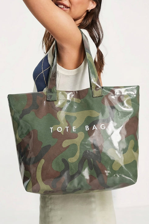 Women's Stylish Women's Jungle Green Camouflage Glossy PU Leather Tote Bag - Versatile Everyday Accessory for Effortless Chic