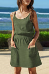 Stylish Women's Jungle Green Textured Knit Mini Dress with Color Block Trim & Adjustable Straps for a Comfortable Fit