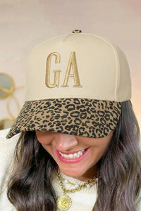 Khaki GA Custom Embroidered Letter Contrast Leopard Brim Baseball Cap