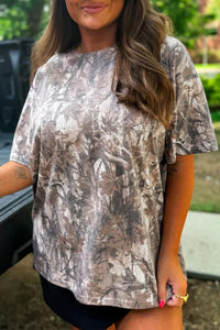 Women's Stylish Women's Khaki Camouflage Drop Shoulder Tunic Tee - Trendy Casual Top for Effortless Comfort and Everyday Wear