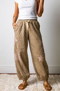 Stylish Women's Khaki Leopard Print Jogger Pants with Star Patches and Adjustable Drawstring Waist for Ultimate Comfort
