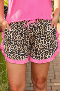 Stylish Women's Khaki Leopard Print Ruffle Trim Shorts - Comfortable Summer Fashion for Trendy Outfits