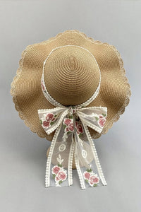 Khaki Straw Wide Brim Floral Embroidered Lace Bow Knot Sun Hat