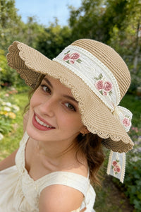 Khaki Straw Wide Brim Floral Embroidered Lace Bow Knot Sun Hat