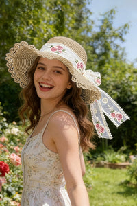 Khaki Straw Wide Brim Floral Embroidered Lace Bow Knot Sun Hat