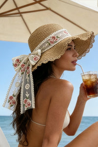 Khaki Straw Wide Brim Floral Embroidered Lace Bow Knot Sun Hat