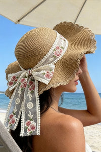 women's stylish women's khaki straw sun hat with floral embroidery and lace bow knot for chic summer sun protection with practical styling and