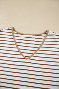$16.04 Khaki Stripe V Neck Ruffle Contrast Sleeve Top Drawstring Pants 2pcs Set Wholesale