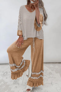 Stylish Women's Khaki Striped V-Neck Ruffle Sleeve Top with Drawstring Pants Set for Effortless Everyday Fashion