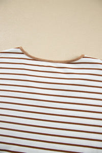 $16.04 Khaki Stripe V Neck Ruffle Contrast Sleeve Top Drawstring Pants 2pcs Set Wholesale
