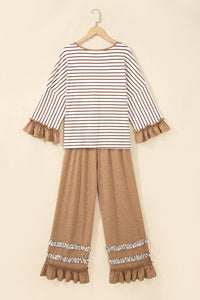 $16.04 Khaki Stripe V Neck Ruffle Contrast Sleeve Top Drawstring Pants 2pcs Set Wholesale