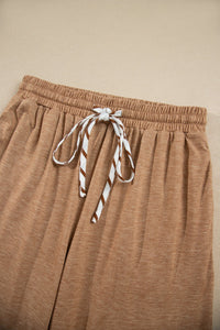 $16.04 Khaki Stripe V Neck Ruffle Contrast Sleeve Top Drawstring Pants 2pcs Set Wholesale