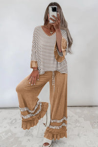 $16.04 Khaki Stripe V Neck Ruffle Contrast Sleeve Top Drawstring Pants 2pcs Set Wholesale