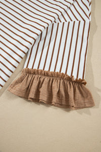 $16.04 Khaki Stripe V Neck Ruffle Contrast Sleeve Top Drawstring Pants 2pcs Set Wholesale