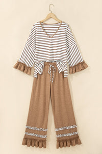 $16.04 Khaki Stripe V Neck Ruffle Contrast Sleeve Top Drawstring Pants 2pcs Set Wholesale