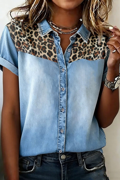 Women's Stylish Women's Leopard Patchwork Denim Button-Down Shirt - Short Sleeve Casual Fit for Everyday Chic
