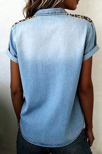 Myosotis Denim Button Down Leopard Patchwork Detail Short Sleeve Shirt