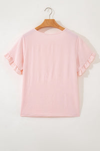 Light Pink Solid Color Ruffle Trim Short Sleeve Blouse